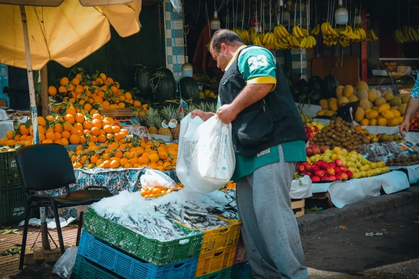 Eating healthy Morocco travel - A lively Moroccan street market stall