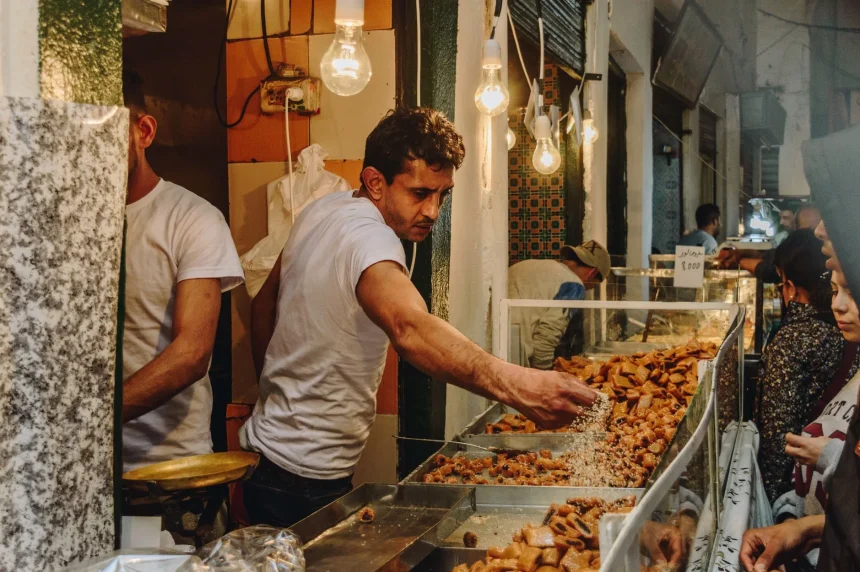 Morocco street food - A vendor in a bustling market