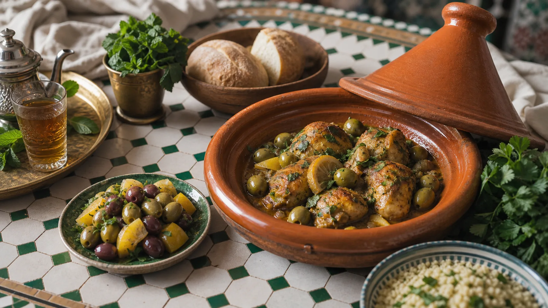 Modern Moroccan tagine table with mint tea and zellige tiles