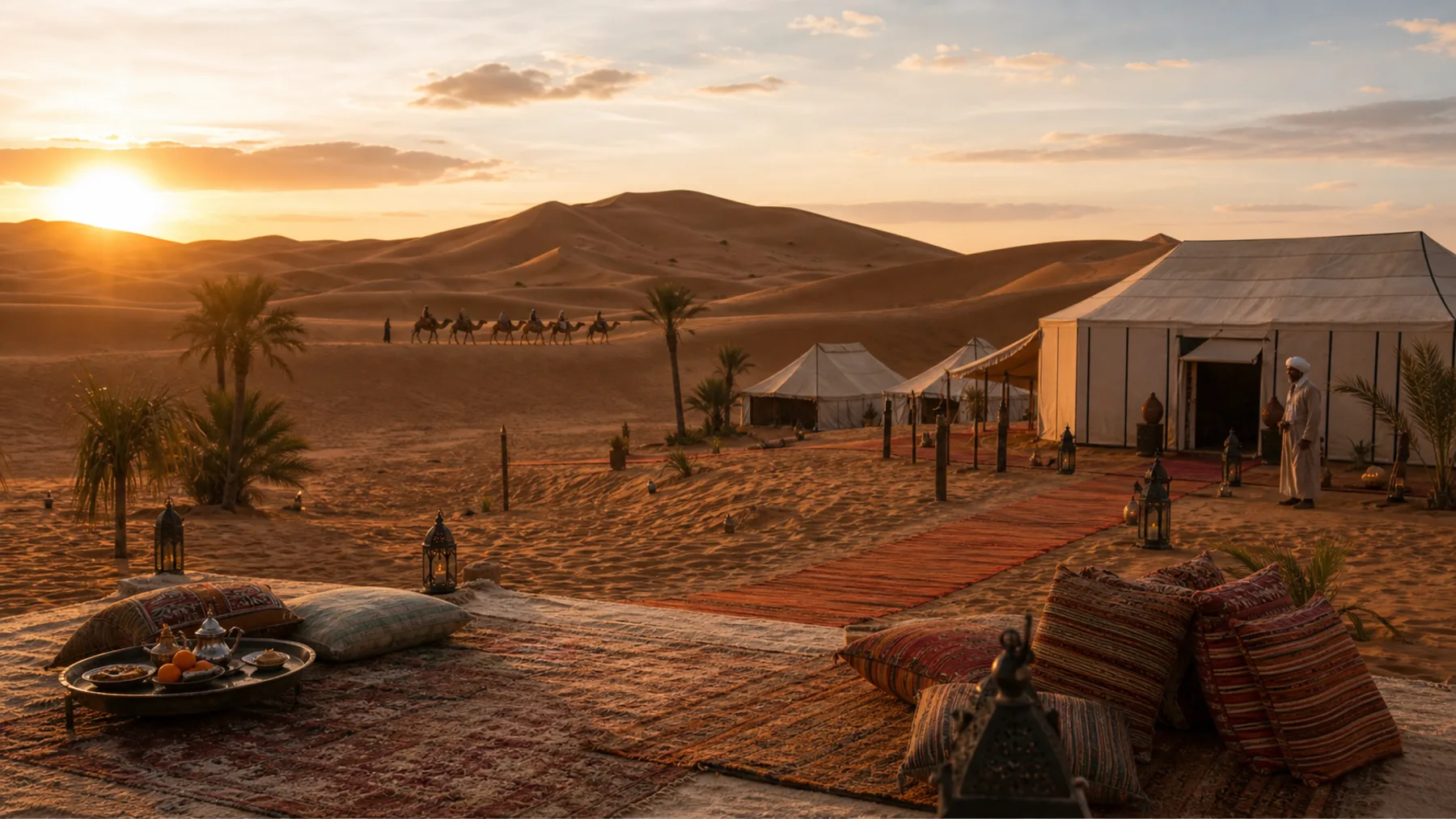 Luxury desert travel camp in the dunes near Merzouga