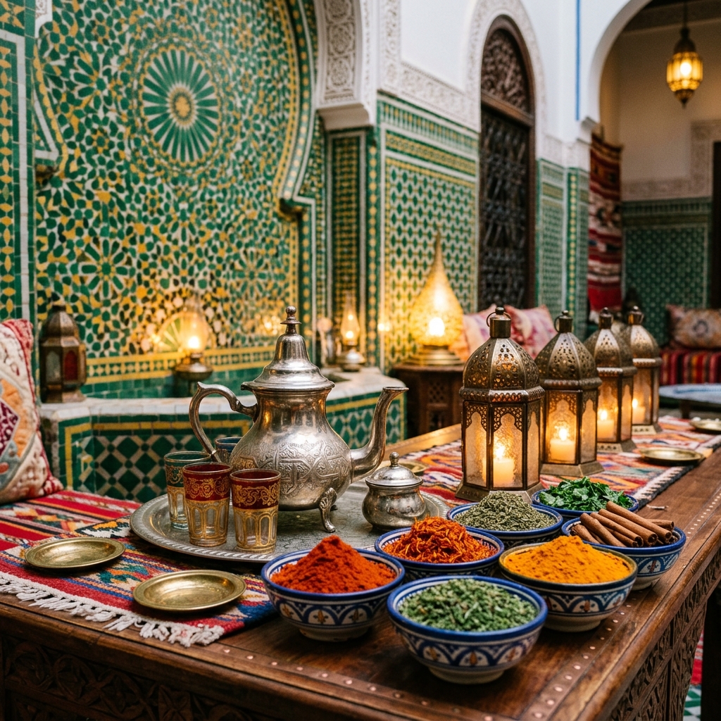Moroccan traditional lanterns and zellige