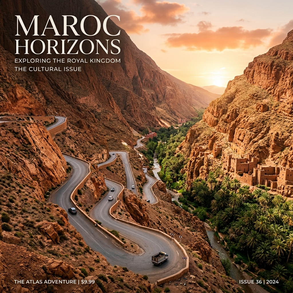 Cover page of Top 5 Hidden Places in Morocco for 2026 showing golden hour mountain pass in Morocco with cliffs and palm oases