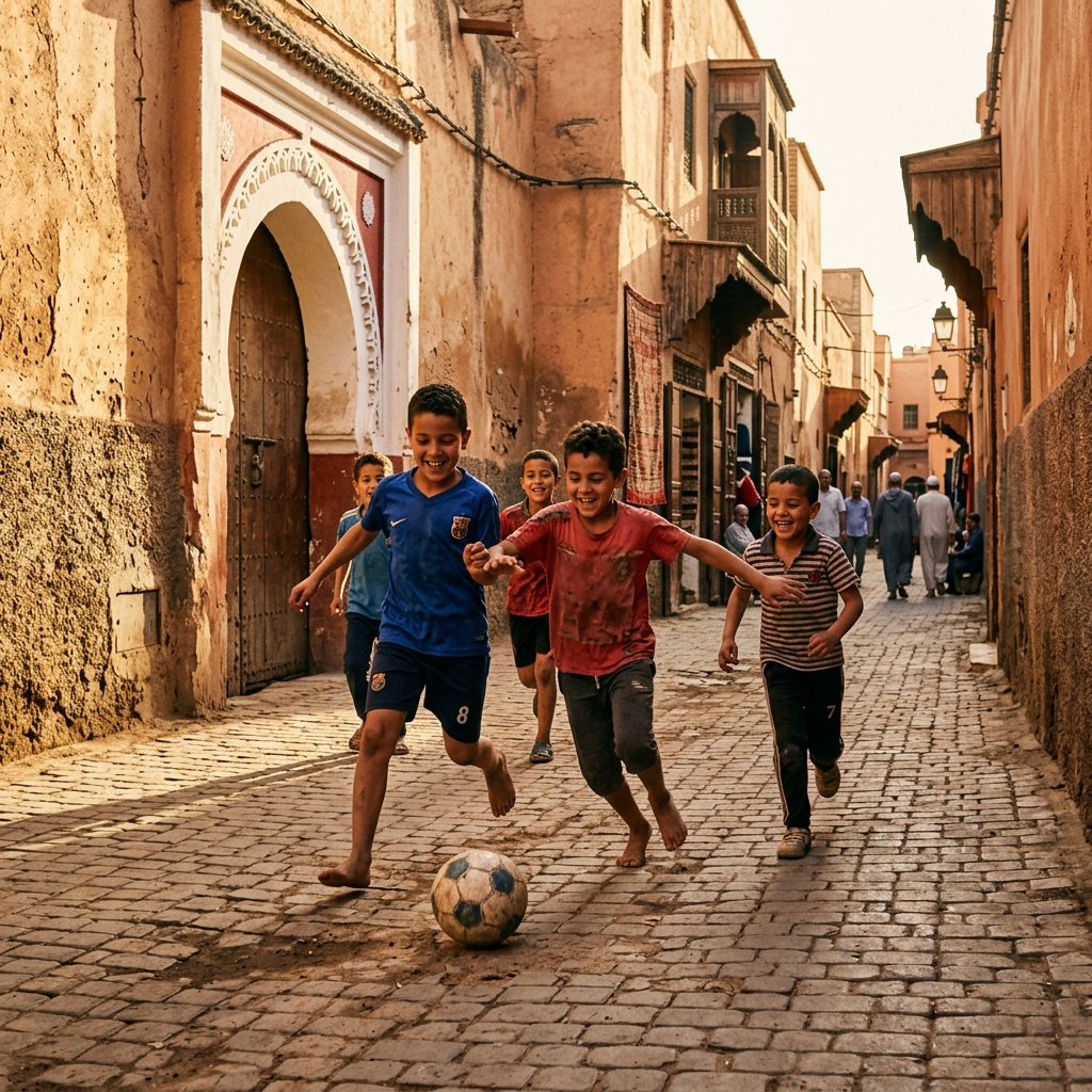 Moroccan children playing soccer in a medina street