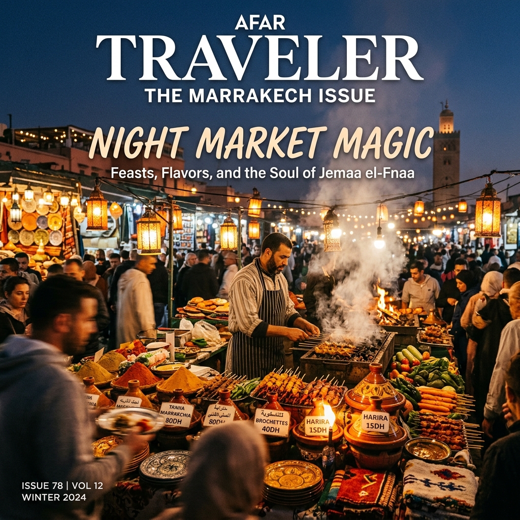 Cover page of Moroccan Street Food showing a warm glowing food stall in a bustling night market