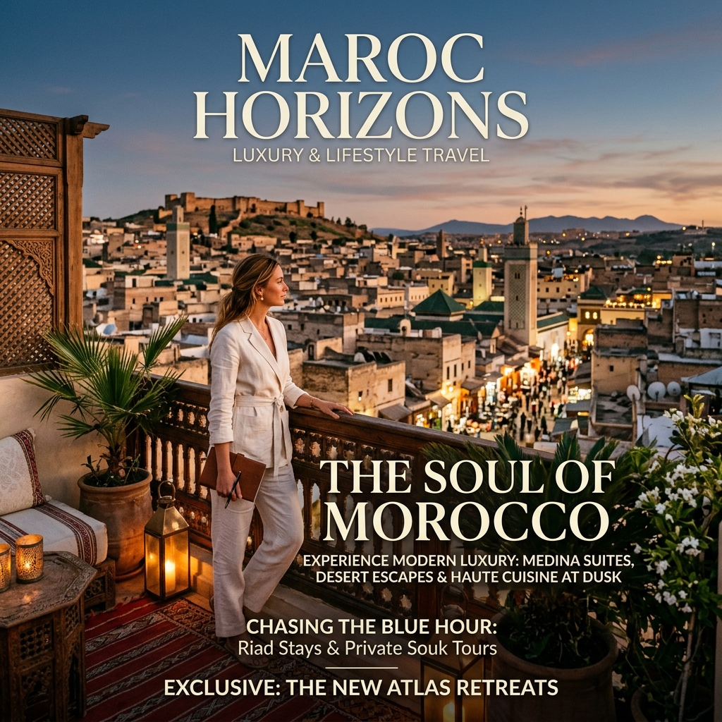 Cover page of Why Morocco Is Trending in 2026 showing a traveler on a terrace overlooking a medina at sunset