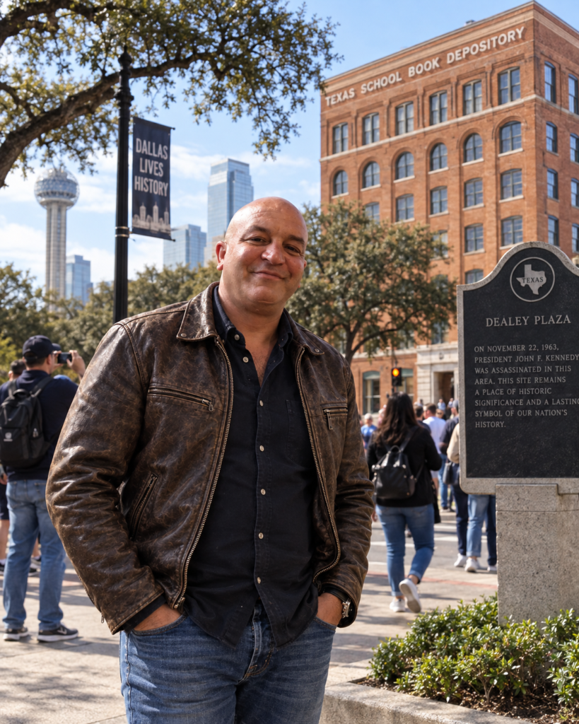 Mohamed Bourbiza at Dealey Plaza in Dallas, Texas