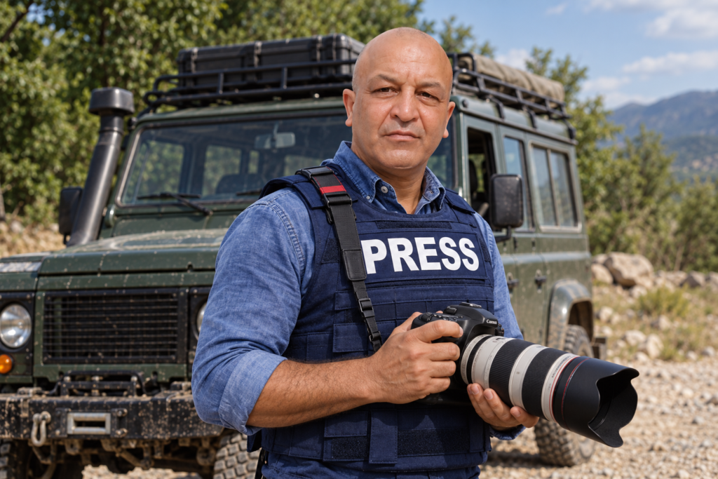 Mohamed Bourbiza, journalist of Euro News Agency, in a press vest with a camera in the field