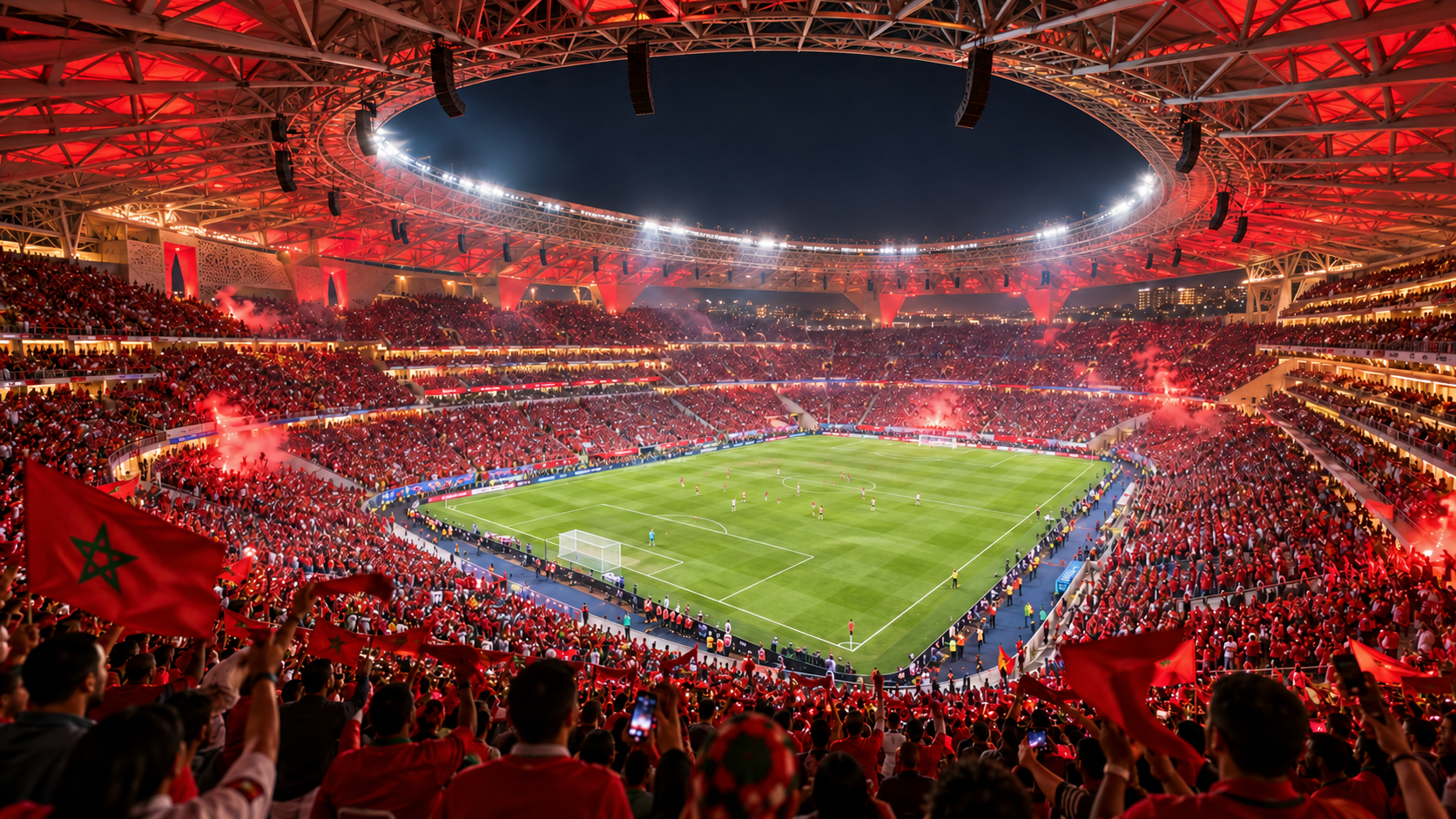 Morocco 2030: How Airports, High-Speed Rail and Tourism Are Transforming the Country Morocco 2030 World Cup stadium lit at dusk, part of the country's preparations to co-host the FIFA World Cup 2030